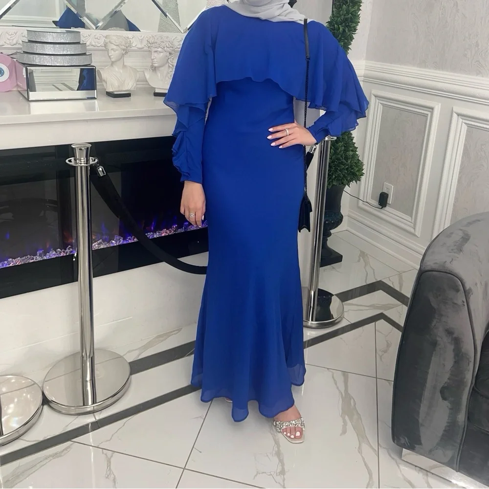 ASOS DESIGN long sleeve ruffle bias maxi dress with cape detail in cobalt blue - Picture 5 of 5